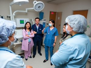 Discuție de echipă în instituție medicală, optimizare management.