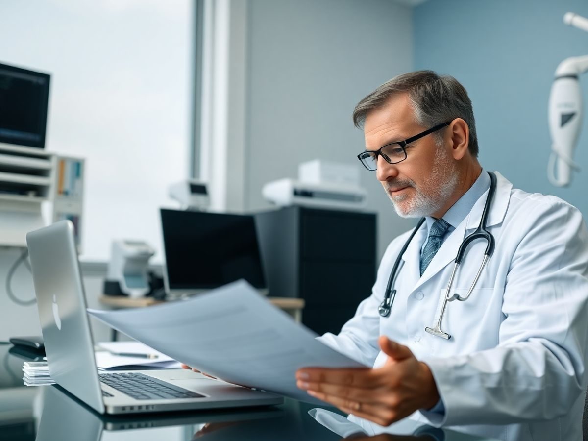 Doctor analizând documente financiare în birou medical.