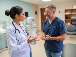 Profesional medical discutând programe de prevenție cu pacientul.