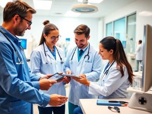 Specialiști medicali folosind software în clinică modernă.