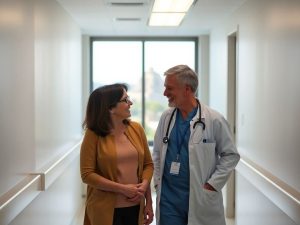 Doctor și pacient într-un spital modern, cu peisaj turistic.