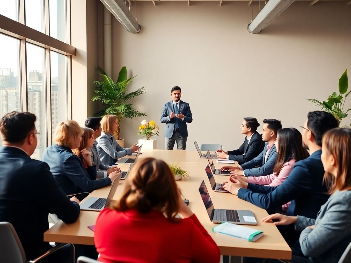 Trainer în fața unui grup divers de angajați la masă