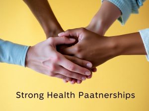 Mâini împreunate, simbolizând colaborarea în sănătate.