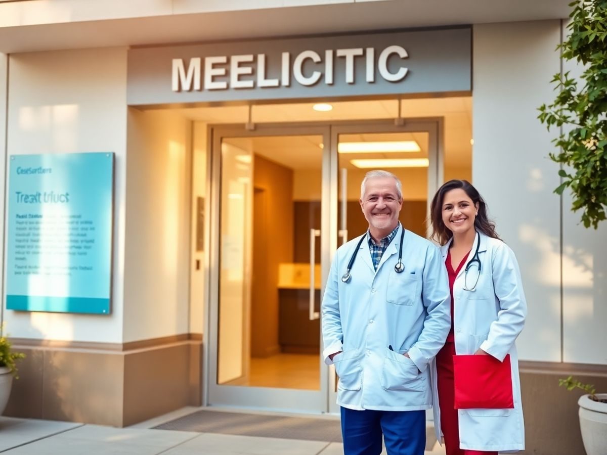 Profesioniști medicali zâmbind în fața unei clinici moderne.