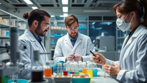 Cercetători în laborator examinând medicamente