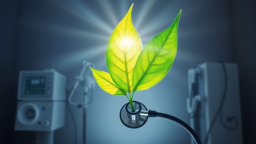 Stetoscop cu frunză verde, simbolizând afaceri medicale ecologice.