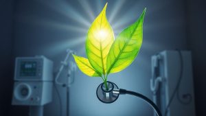 Stetoscop cu frunză verde, simbolizând afaceri medicale ecologice.