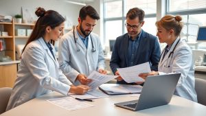 Echipă medicală colaborează la un proiect de cercetare.