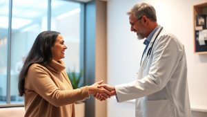 Profesional medical zâmbind cu un pacient mulțumit.